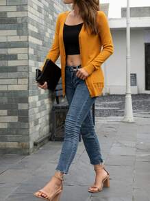 AAmilife Áo Cardigan hai túi cài nút phía trước, áo dài tay - Màu Mù tạt vàng - Xem 3