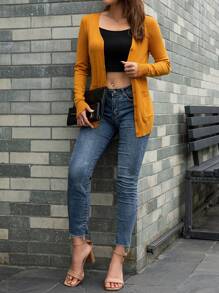 AAmilife Áo Cardigan hai túi cài nút phía trước, áo dài tay - Màu Mù tạt vàng - Xem 4
