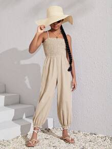 SHEIN Girls Solid Shirred Bodice Cami Jumpsuit - Beige - View 1