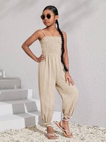 SHEIN Girls Solid Shirred Bodice Cami Jumpsuit - Beige - View 3