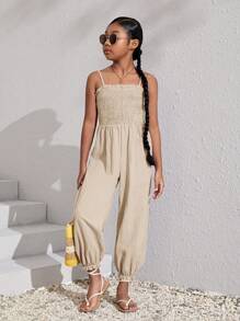 SHEIN Girls Solid Shirred Bodice Cami Jumpsuit - Beige - View 4