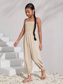SHEIN Girls Solid Shirred Bodice Cami Jumpsuit - Beige - View 5