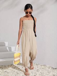 SHEIN Girls Solid Shirred Bodice Cami Jumpsuit - Beige - View 6