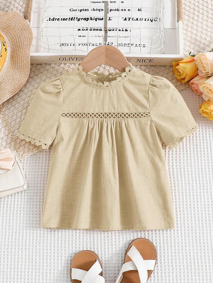 SHEIN Toddler Girls Guipure Lace Insert Puff Sleeve Blouse - Apricot - View 1