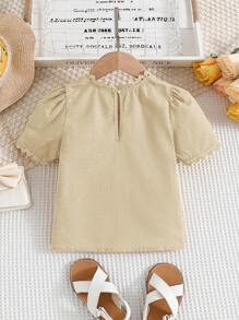 SHEIN Toddler Girls Guipure Lace Insert Puff Sleeve Blouse - Apricot - View 2