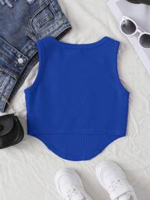 SHEIN Tween Girl Solid Color Summer Crop Top With Square Neckline And Headscarf Hem - Blue - View 2