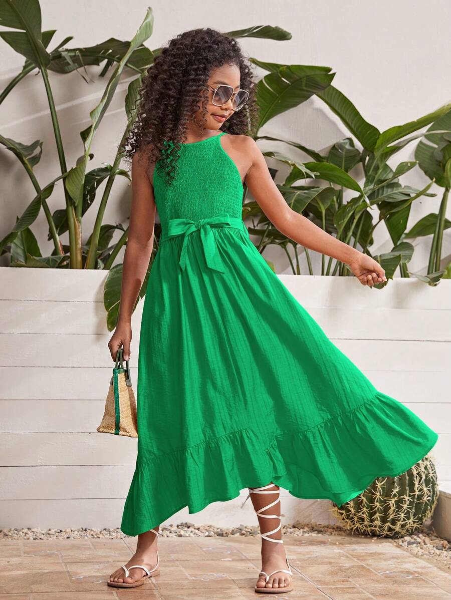 SHEIN Chicas Vestido halter unicolor bajo con fruncido con cinturón - Verde - Ver 1