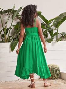 SHEIN Chicas Vestido halter unicolor bajo con fruncido con cinturón - Verde - Ver 2