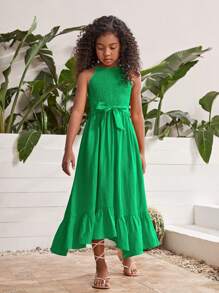 SHEIN Chicas Vestido halter unicolor bajo con fruncido con cinturón - Verde - Ver 3