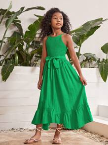 SHEIN Chicas Vestido halter unicolor bajo con fruncido con cinturón - Verde - Ver 4