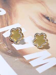 方晶鋯石花朵裝飾耳釘 - 金色 - 查看 1