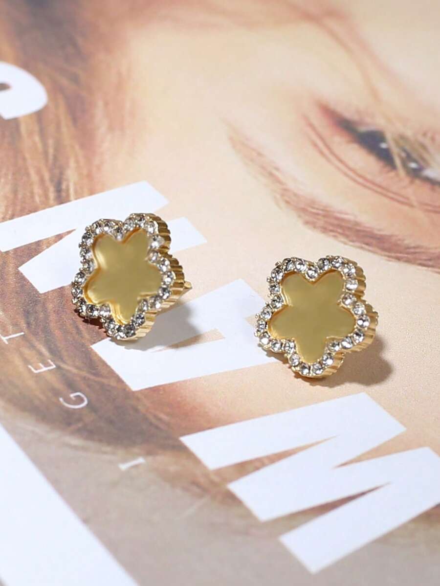 方晶鋯石花朵裝飾耳釘 - 金色 - 查看 1