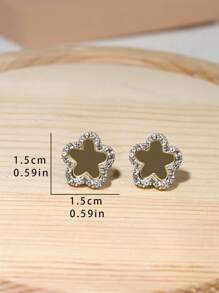 方晶鋯石花朵裝飾耳釘 - 金色 - 查看 3