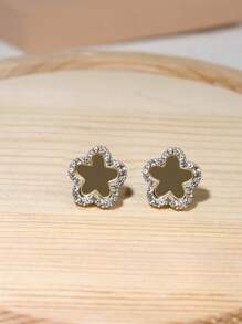 方晶鋯石花朵裝飾耳釘 - 金色 - 查看 4