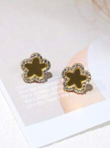 方晶鋯石花朵裝飾耳釘 - 金色 - 查看 5