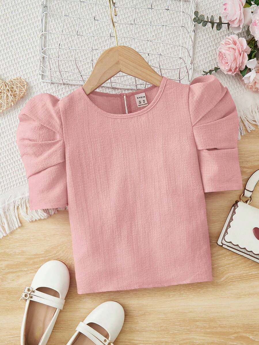SHEIN Áo Sơ Mi Tay Phồng Cổ Tròn Màu Trơn Mùa Hè Cô Gái Tuổi Teen - Màu Hồng baby - Xem 1