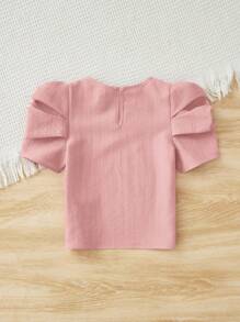 SHEIN Áo Sơ Mi Tay Phồng Cổ Tròn Màu Trơn Mùa Hè Cô Gái Tuổi Teen - Màu Hồng baby - Xem 2