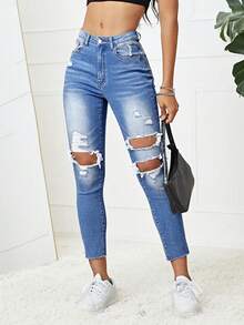 SHEIN EZwear Quần jean nữ Túi Bị tách Dây kéo màu trơn - Rửa trung bình - Xem 3