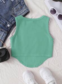 SHEIN Solid Color Short Length Tween Girl Square Neckline Tank Top With Curved Hem For Summer - Green - View 2