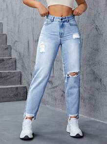 SHEIN EZwear Quần jean nữ Túi Dây kéo Bị tách màu trơn - Rửa nhẹ - Xem 3