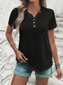 SHEIN LUNE Knapp Framsida Knappar Enkel Enkel T-Shirt - Svart - Visa 1