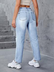 SHEIN EZwear Quần jean nữ Túi Dây kéo Bị tách màu trơn - Rửa nhẹ - Xem 2