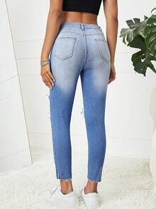SHEIN EZwear Quần jean nữ Túi Bị tách Dây kéo màu trơn - Rửa trung bình - Xem 2