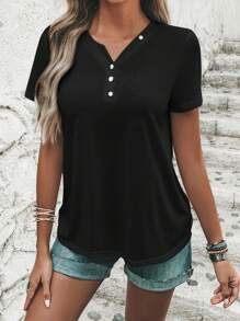 SHEIN LUNE Knapp Framsida Knappar Enkel Enkel T-Shirt - Svart - Visa 3