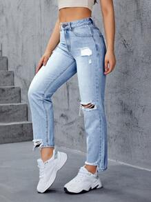 SHEIN EZwear Quần jean nữ Túi Dây kéo Bị tách màu trơn - Rửa nhẹ - Xem 4