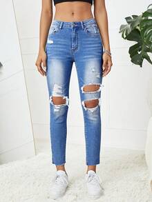 SHEIN EZwear Quần jean nữ Túi Bị tách Dây kéo màu trơn - Rửa trung bình - Xem 5