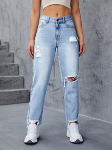 SHEIN EZwear Quần jean nữ Túi Dây kéo Bị tách màu trơn - Rửa nhẹ - Xem 5