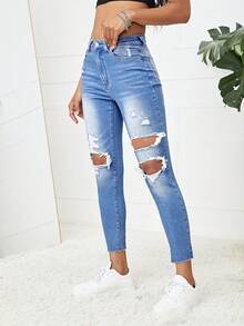 SHEIN EZwear Quần jean nữ Túi Bị tách Dây kéo màu trơn - Rửa trung bình - Xem 6