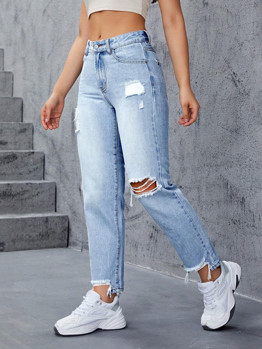SHEIN EZwear Quần jean nữ Túi Dây kéo Bị tách màu trơn - Rửa nhẹ - Xem 1