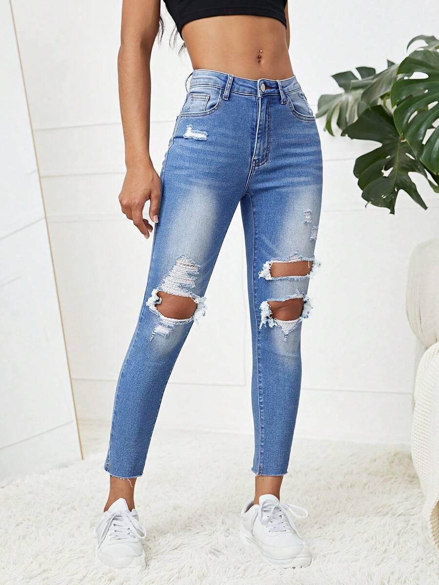 SHEIN EZwear Quần jean nữ Túi Bị tách Dây kéo màu trơn - Rửa trung bình - Xem 1