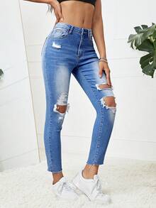 SHEIN EZwear Quần jean nữ Túi Bị tách Dây kéo màu trơn - Rửa trung bình - Xem 4