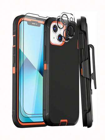 1pc PC Anti-fall Phone Case & 2pcs Screen Protection Tempered Film & 2pcs Lens Film Compatible With iPhone