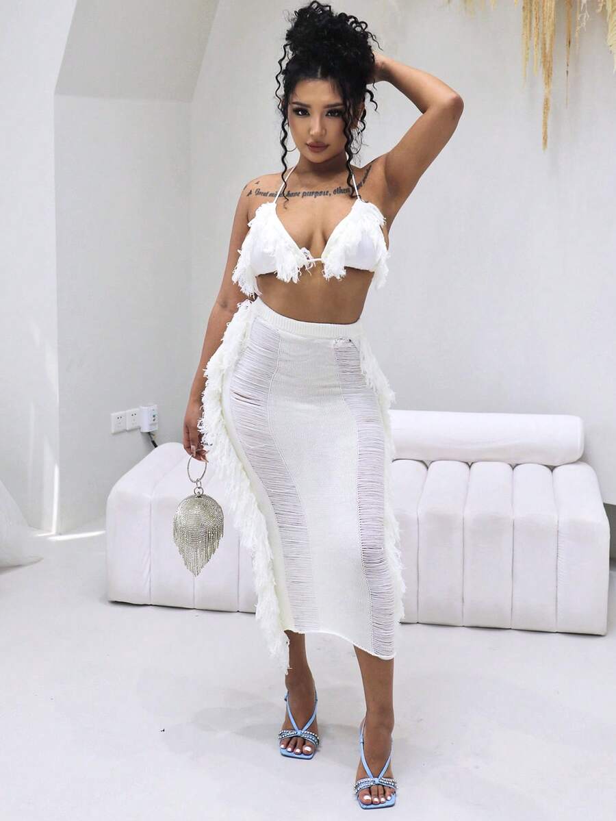 Fringe Trim Crop Halter Top & Ripped Skirt - White - View 1