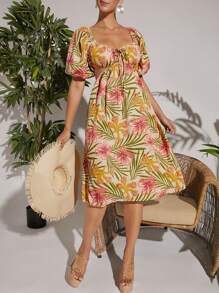 L'Amorae Abito estivo con maniche a palloncino e stampa tropicale per le vacanze - Multicolore - Visualizzare 1