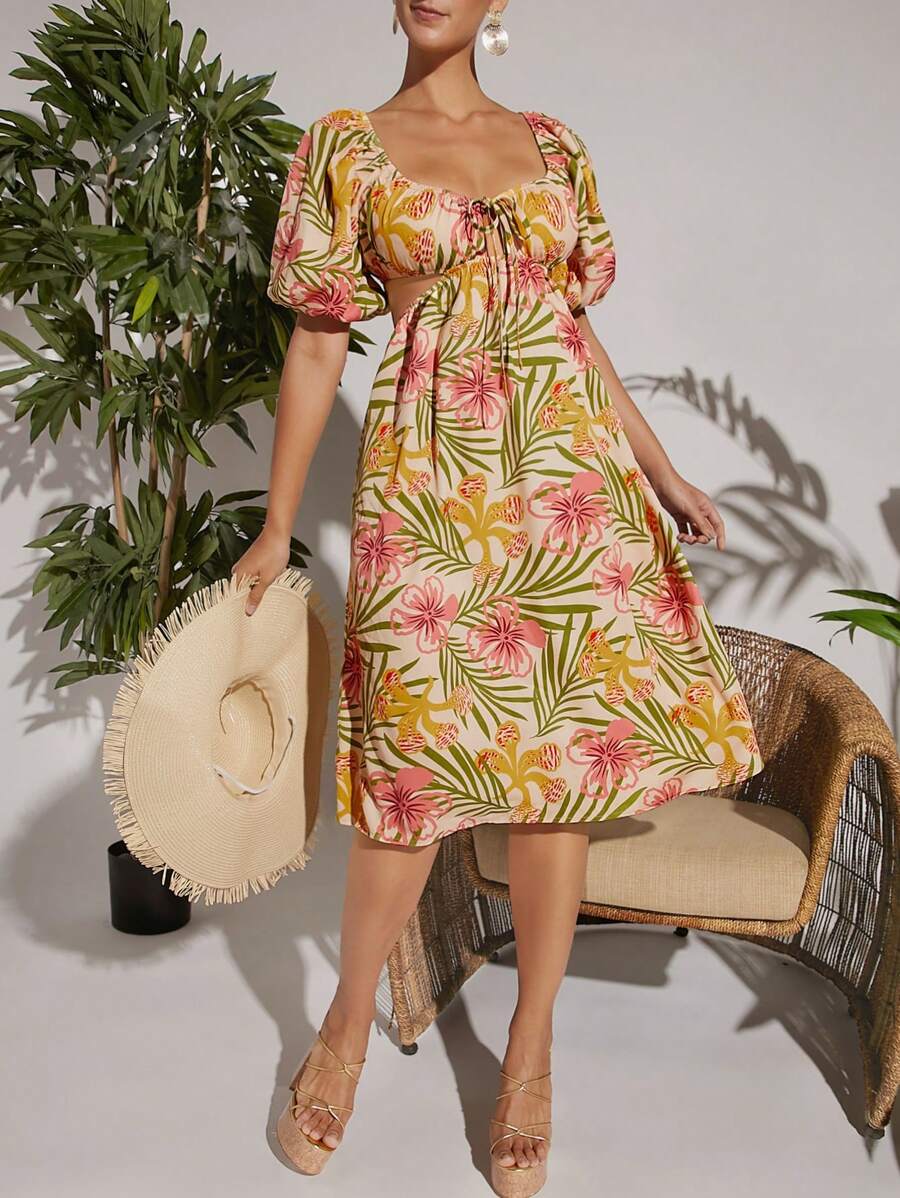 L'Amorae Abito estivo con maniche a palloncino e stampa tropicale per le vacanze - Multicolore - Visualizzare 1