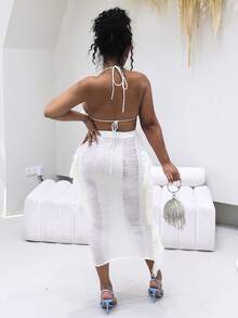 Fringe Trim Crop Halter Top & Ripped Skirt - White - View 2
