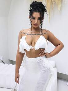 Fringe Trim Crop Halter Top & Ripped Skirt - White - View 3