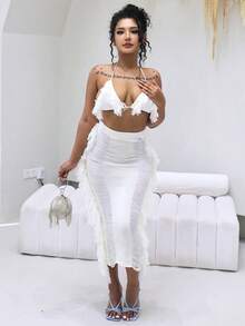 Fringe Trim Crop Halter Top & Ripped Skirt - White - View 4