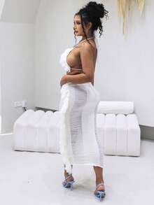 Fringe Trim Crop Halter Top & Ripped Skirt - White - View 6