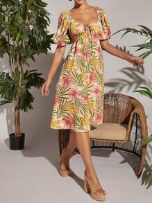 L'Amorae Abito estivo con maniche a palloncino e stampa tropicale per le vacanze - Multicolore - Visualizzare 3