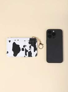 女士RFID屏蔽卡包 - 真皮小钱包，带身份证窗口和拉链零钱包，奶牛纹钥匙扣钱包，时尚简约钱包，适合上学、旅行和日常使用