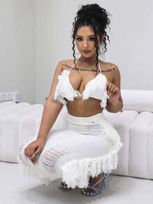 Fringe Trim Crop Halter Top & Ripped Skirt - White - View 7