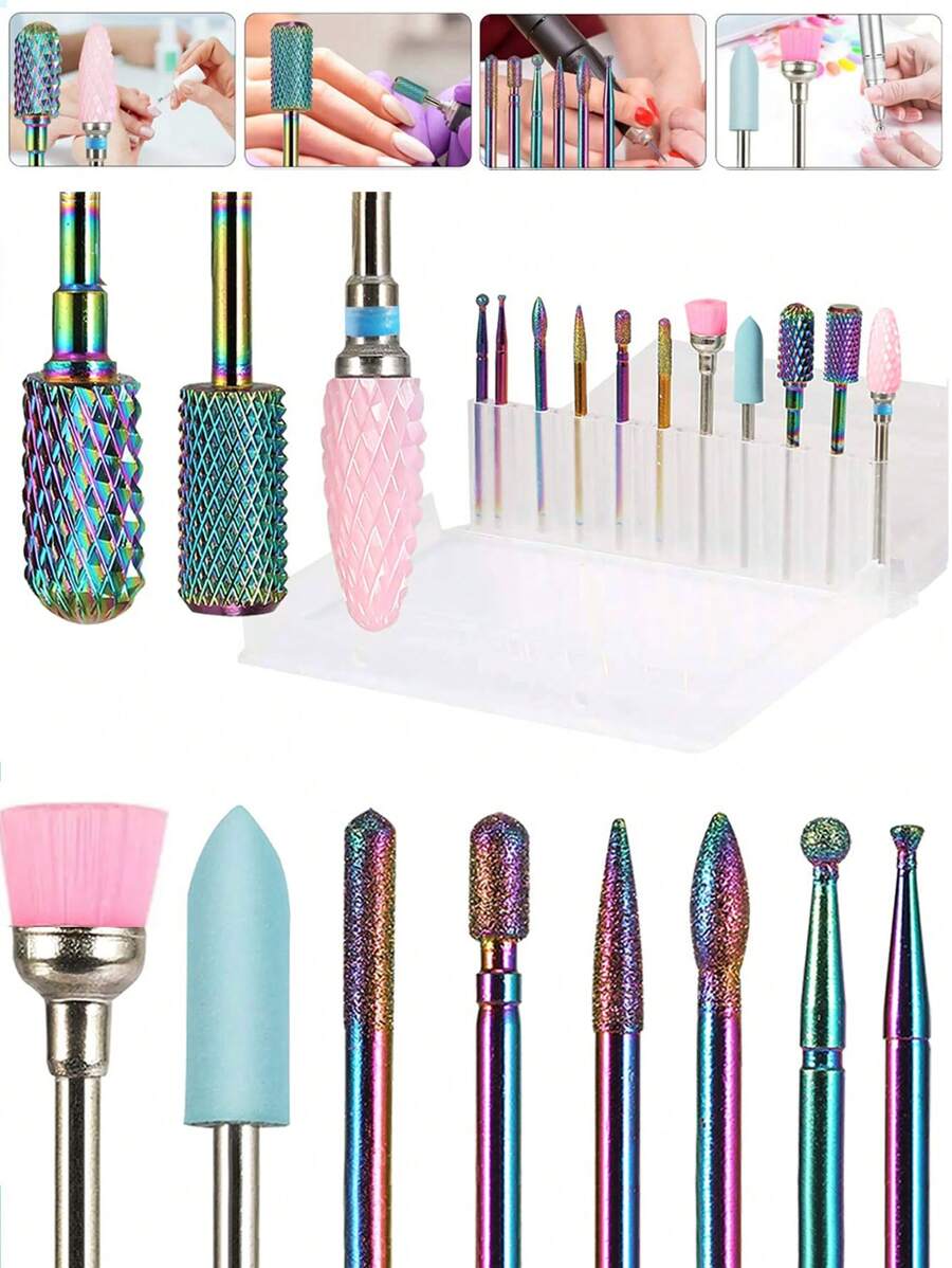 Bộ mũi khoan móng tay chuyên nghiệp, 11 chiếc dụng cụ sơn móng tay nghệ thuật bằng thép không gỉ - Nhiều màu - Xem 1