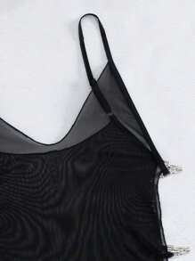 SHEIN Swim 夏季纯色链条细节镂空罩衫 - 黑色 - 查看 4