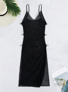 SHEIN Swim 夏季纯色链条细节镂空罩衫 - 黑色 - 查看 5