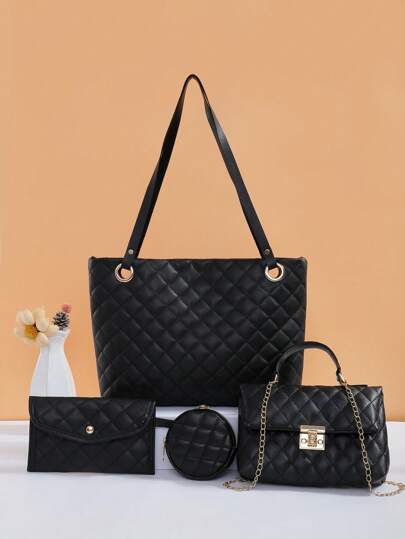 女士菱形图案包包四件套！包含大号手提包、斜挎包和零钱包，火烈鸟装饰，链条肩带，日常/旅行百搭时尚休闲包，超值套装